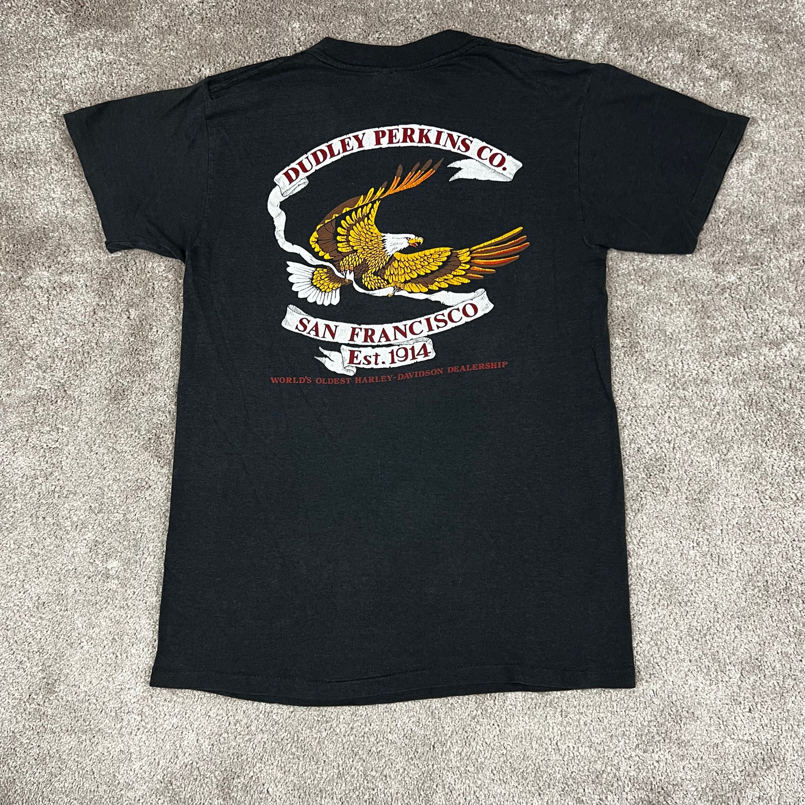 Vintage 1986 Harley Davidson 3d Emblem Dudley Perkins Sf Black Eagle Tee Size S